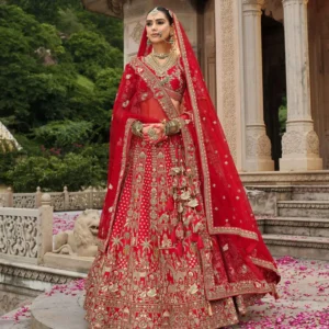 Cornel Red Bridal Lehenga Khatli Embroidery & 2 Dupatta