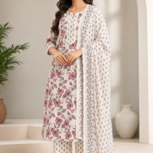 Maroon Pure Cotton Floral Printed Salwar Suit Set with Dupatta