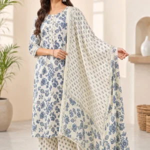 Blue Pure Cotton Floral Printed Salwar Suit Set with Dupatta