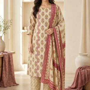 Cream Pure Cotton Printed Salwar Suit Set