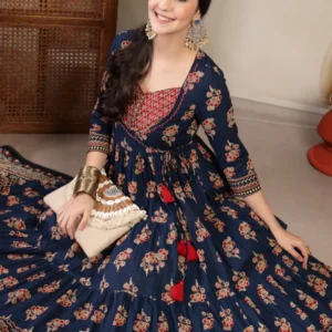 Cotton Ankle Length Printed 3/4 Sleeves Sweetheart Neck Anarkali Kurta