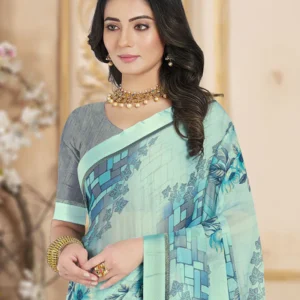 Prints Pastel Teal Blue Printed Chiffon Saree With Satin Border