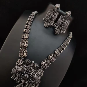 Oxidised Silver Necklace With Black Metal Finish With Black Stones