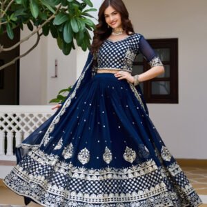 Blue Heavy Fox Georgette Embroidery Zari Sequins Wedding Reception Festival Ready Heavy Border Lehenga Choli