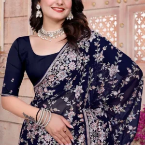 Embroidered Georgette Saree in Navy Blue