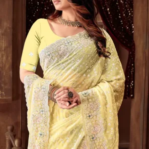 Lemon Yellow Resham Embroidered Georgette Saree