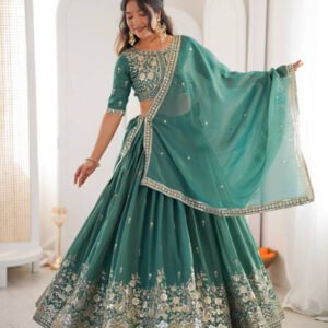 Sea Green Heavy Simar Silk Embroidery Sequins Zari Wedding Reception Party Festival Wear Heavy Border Lehenga Choli